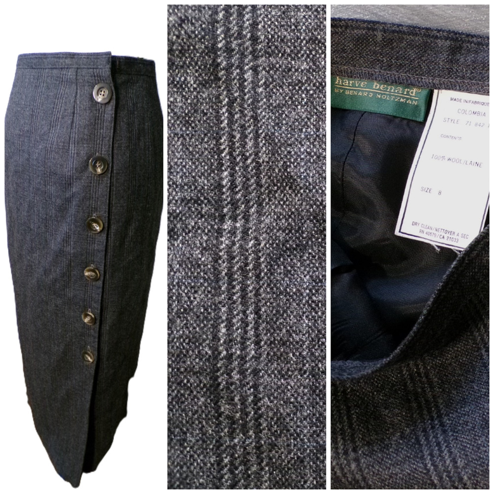 Vtg Harve Benard Skirt 6 Maxi 8 Gray Plaid Wool Button Down Dark Academia Preppy